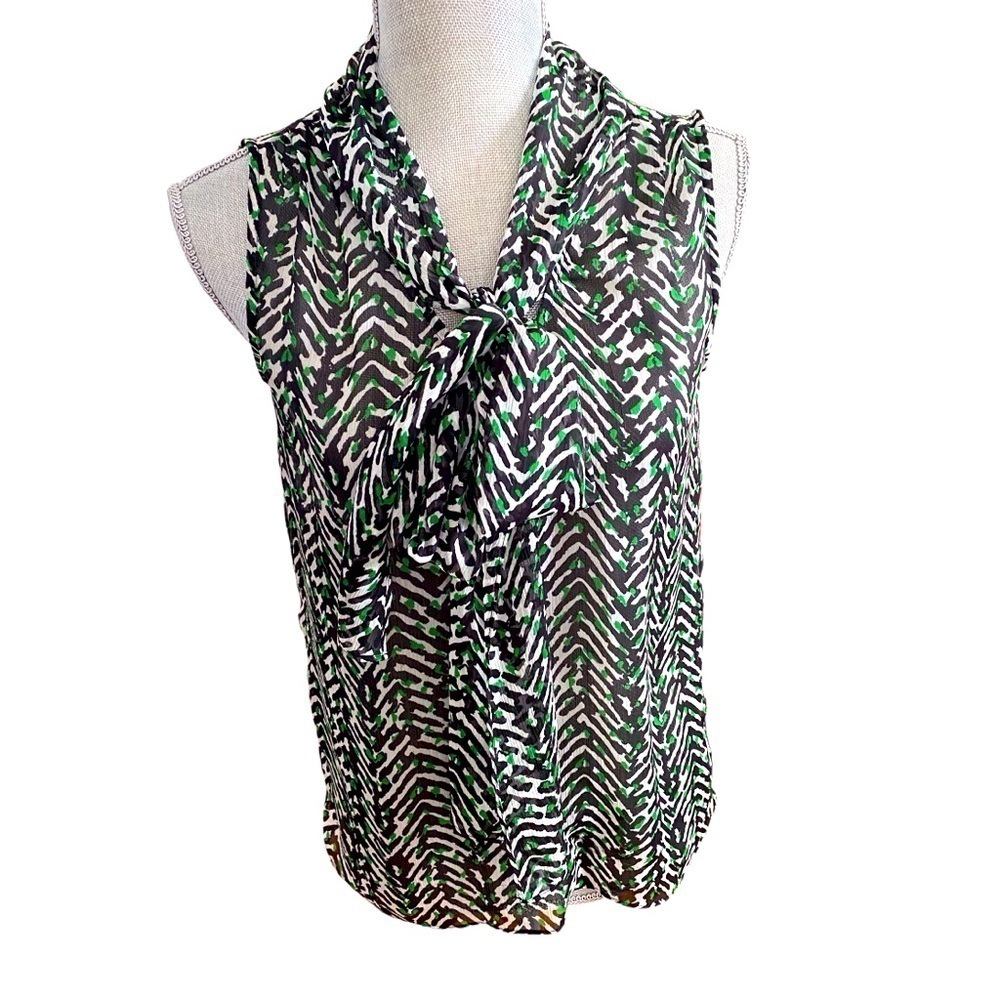 Talbots Sheer Bow Blouse l Size 6 Small Green and Black Sleeveless Blouse 0609